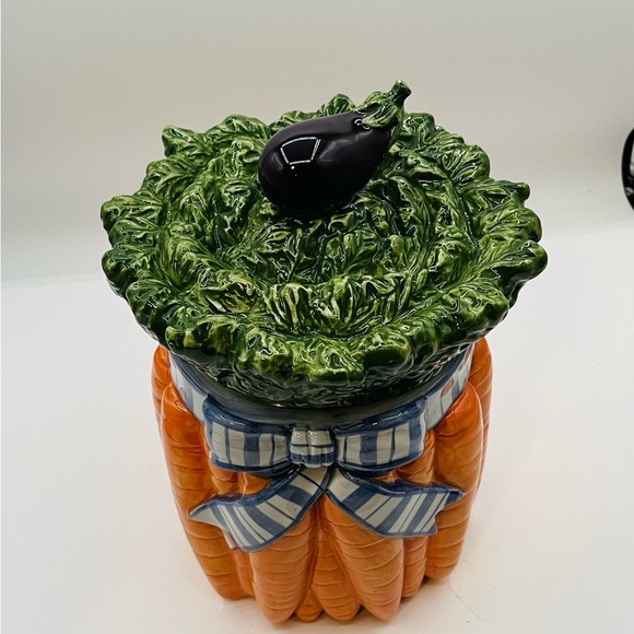 Fitz and Floyd Carrot and Eggplant Cookie Jar - Green, Orange, Blue - Picture 2 of 8